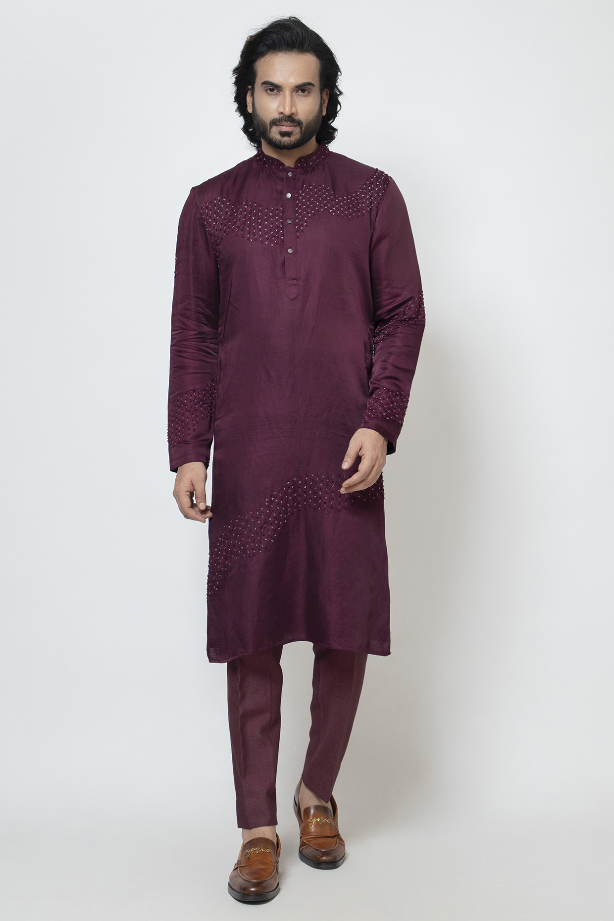 Wine Linen Satin Embroidered Kurta Set by YOSEBA at Pernia's Pop Up Shop