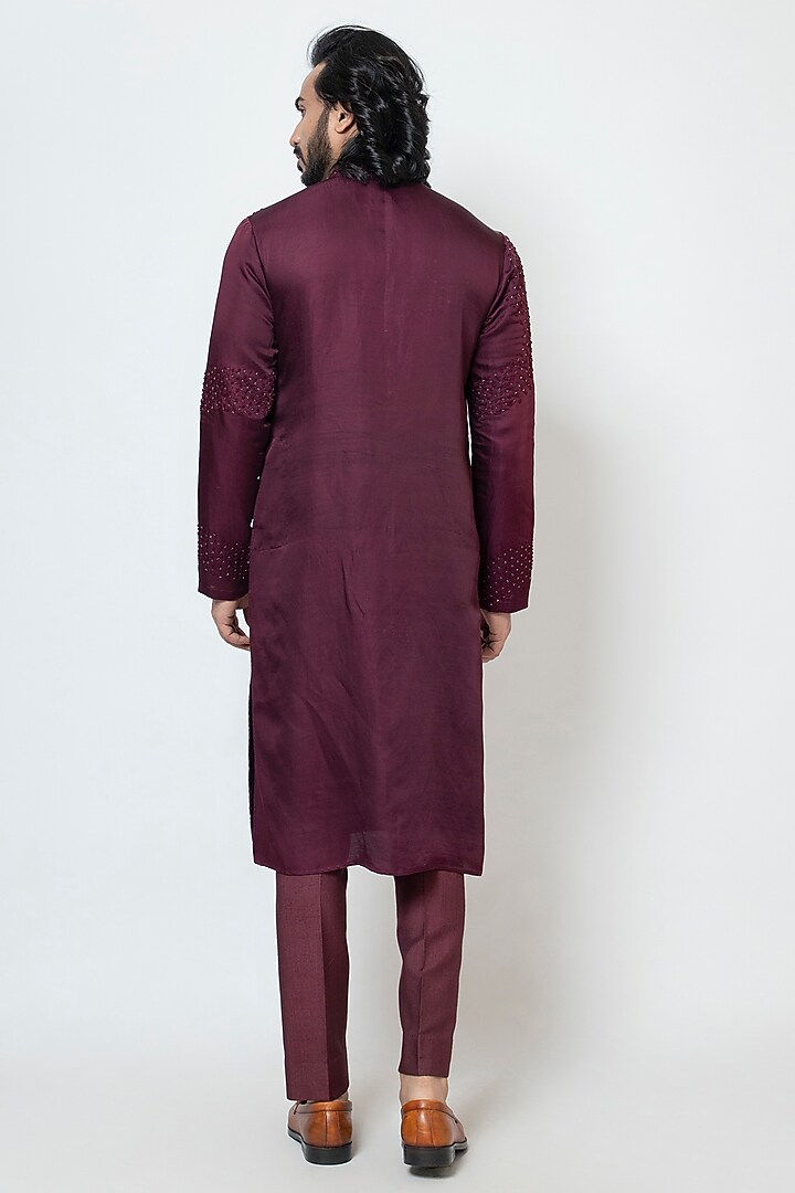 Wine Linen Satin Embroidered Kurta Set by YOSEBA at Pernia's Pop Up Shop