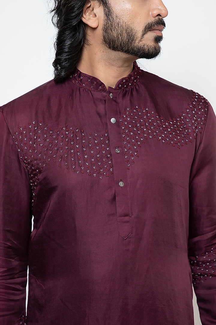 Wine Linen Satin Embroidered Kurta Set by YOSEBA at Pernia's Pop Up Shop