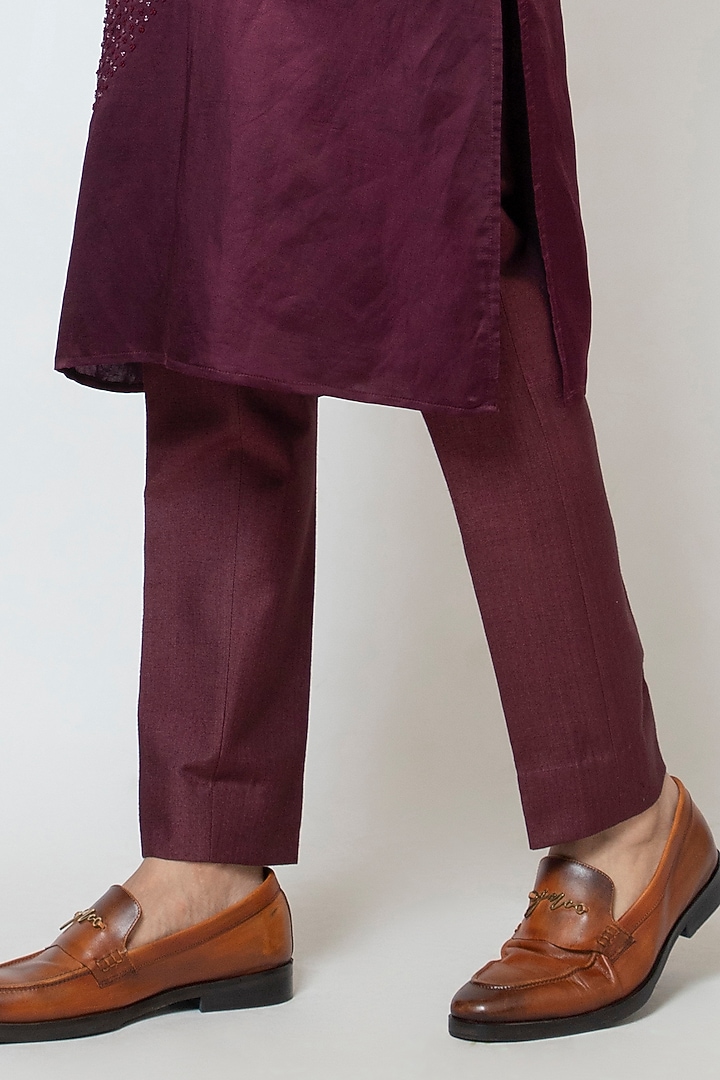 Wine Linen Satin Embroidered Kurta Set by YOSEBA at Pernia's Pop Up Shop