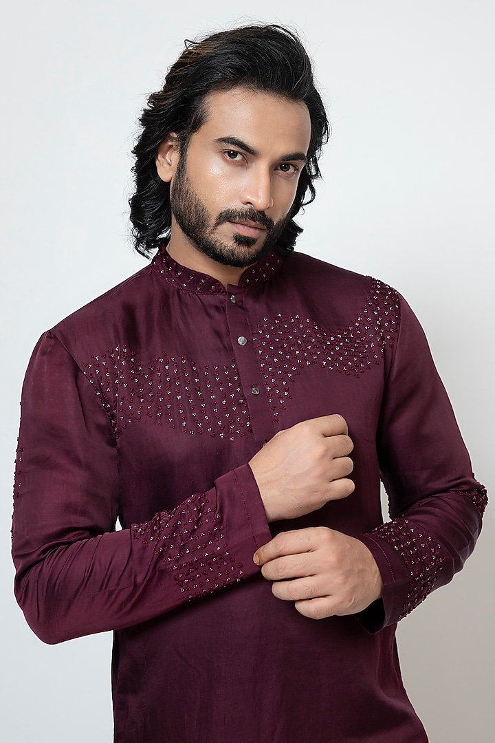 Wine Linen Satin Embroidered Kurta Set by YOSEBA at Pernia's Pop Up Shop