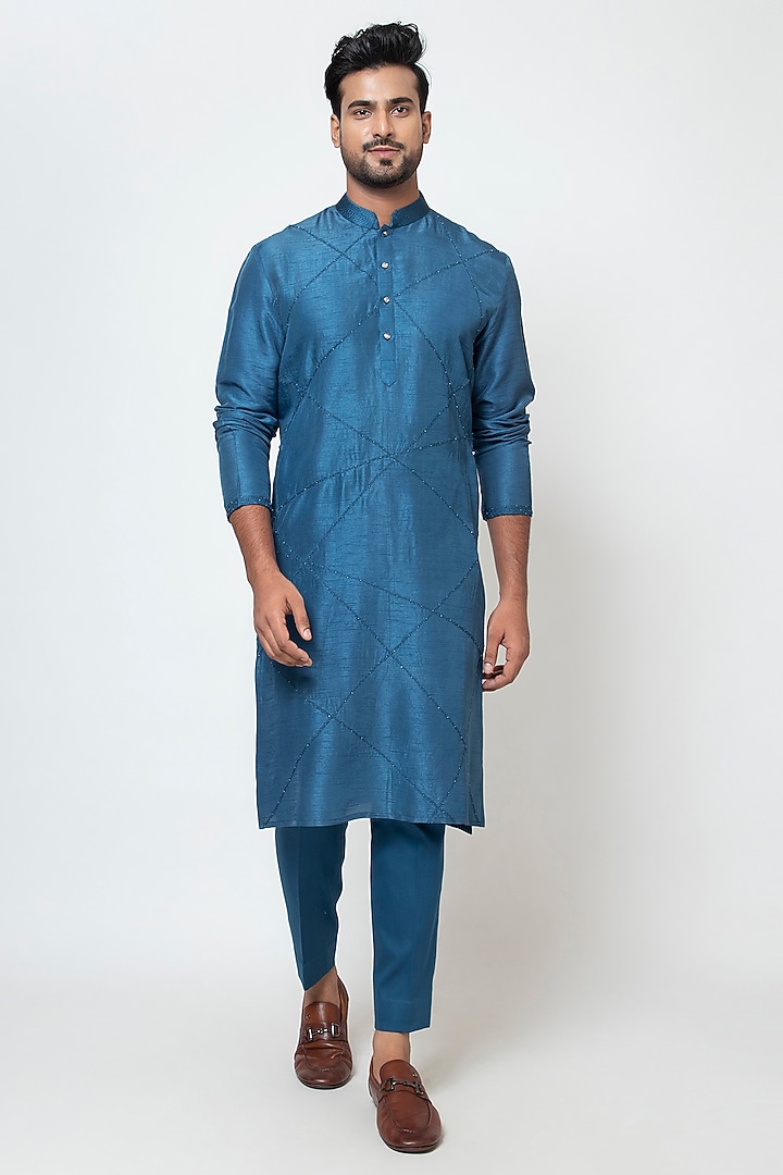 Teal Blue Bam Silk Cutdana & Thread Embellished Kurta Set by YOSEBA at Pernia's Pop Up Shop