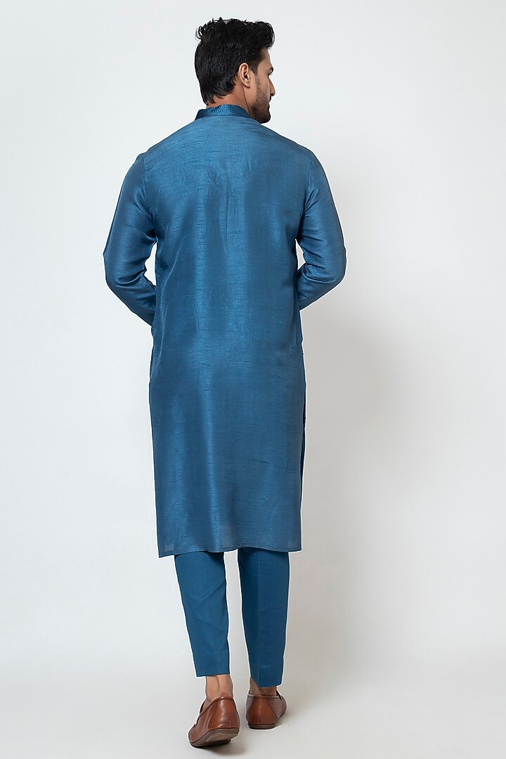 Teal Blue Bam Silk Cutdana & Thread Embellished Kurta Set by YOSEBA at Pernia's Pop Up Shop