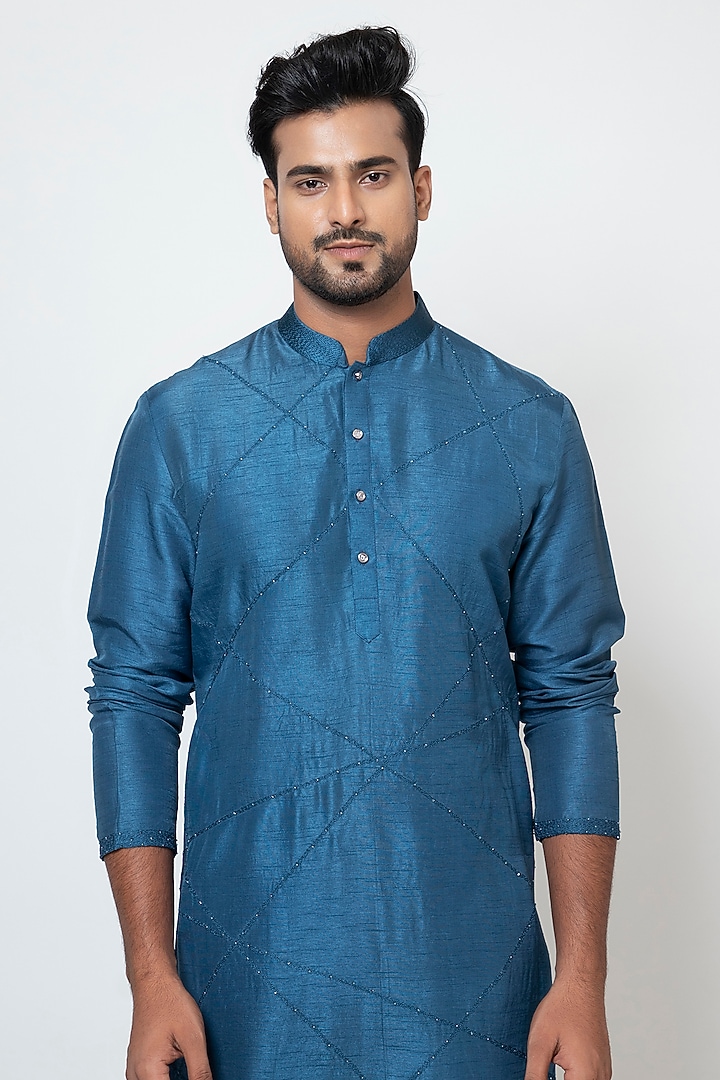 Teal Blue Bam Silk Cutdana & Thread Embellished Kurta Set by YOSEBA at Pernia's Pop Up Shop
