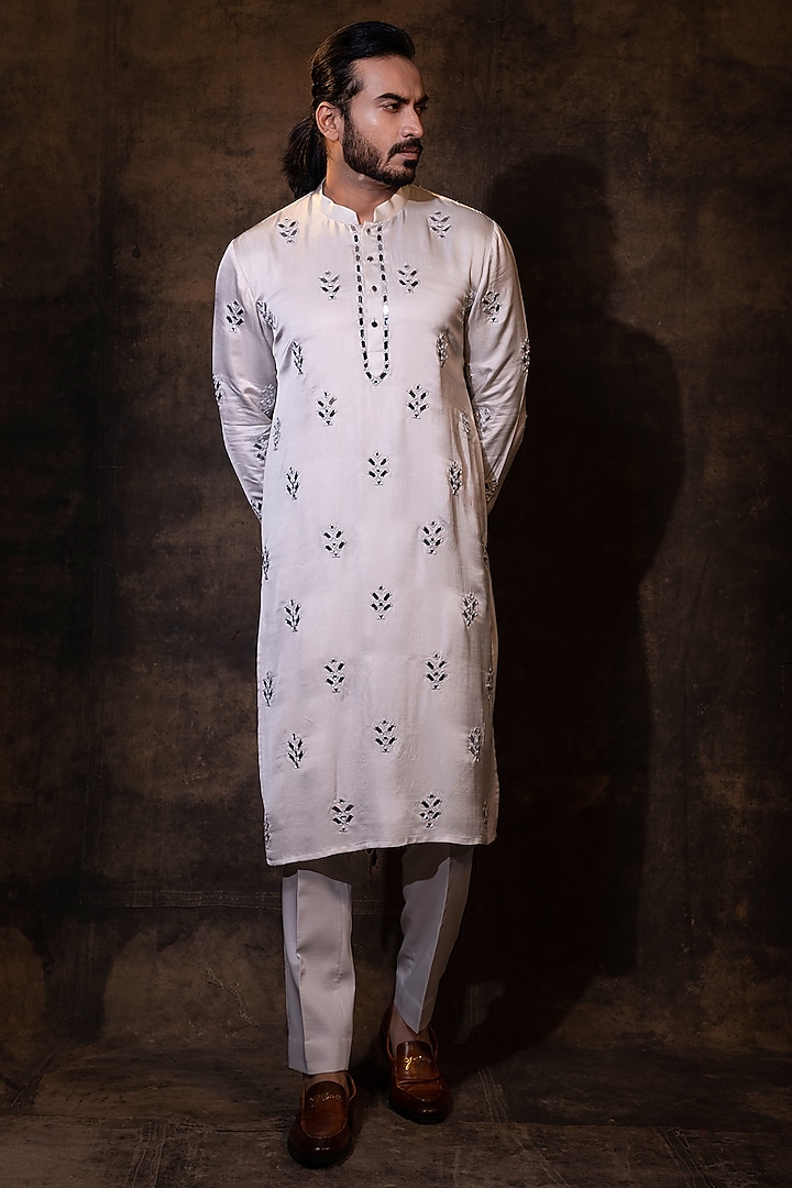 Grey Linen Satin Mirror Embroidered Kurta Set by YOSEBA