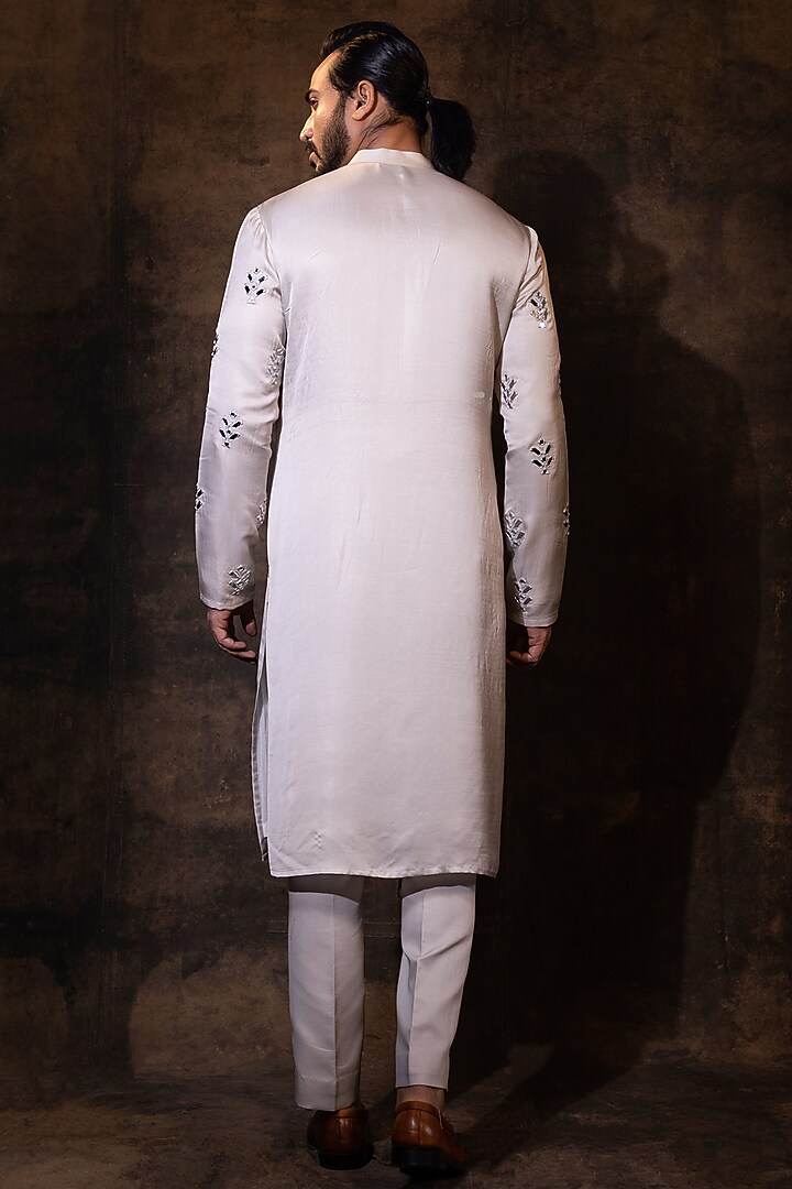 Grey Linen Satin Mirror Embroidered Kurta Set by YOSEBA at Pernia's Pop Up Shop