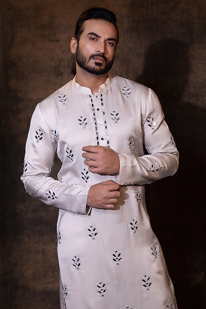 Grey Linen Satin Mirror Embroidered Kurta Set by YOSEBA at Pernia's Pop Up Shop