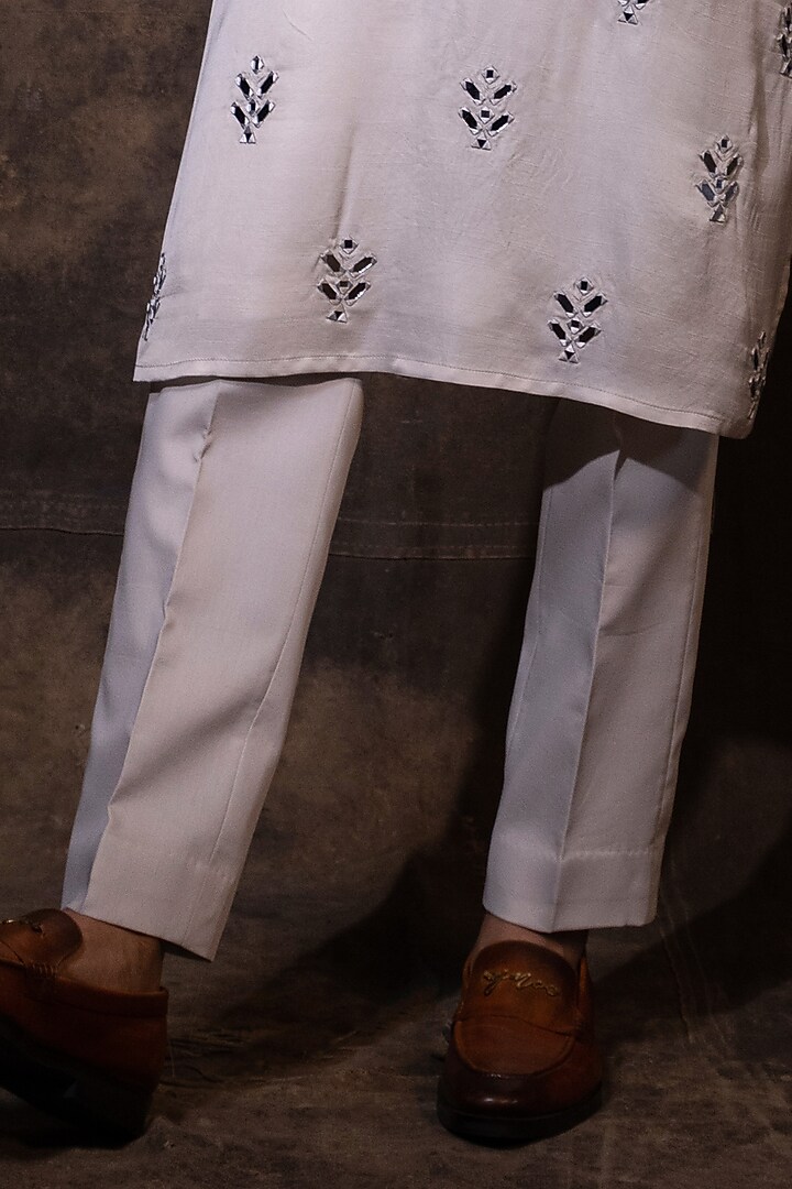 Grey Linen Satin Mirror Embroidered Kurta Set by YOSEBA at Pernia's Pop Up Shop