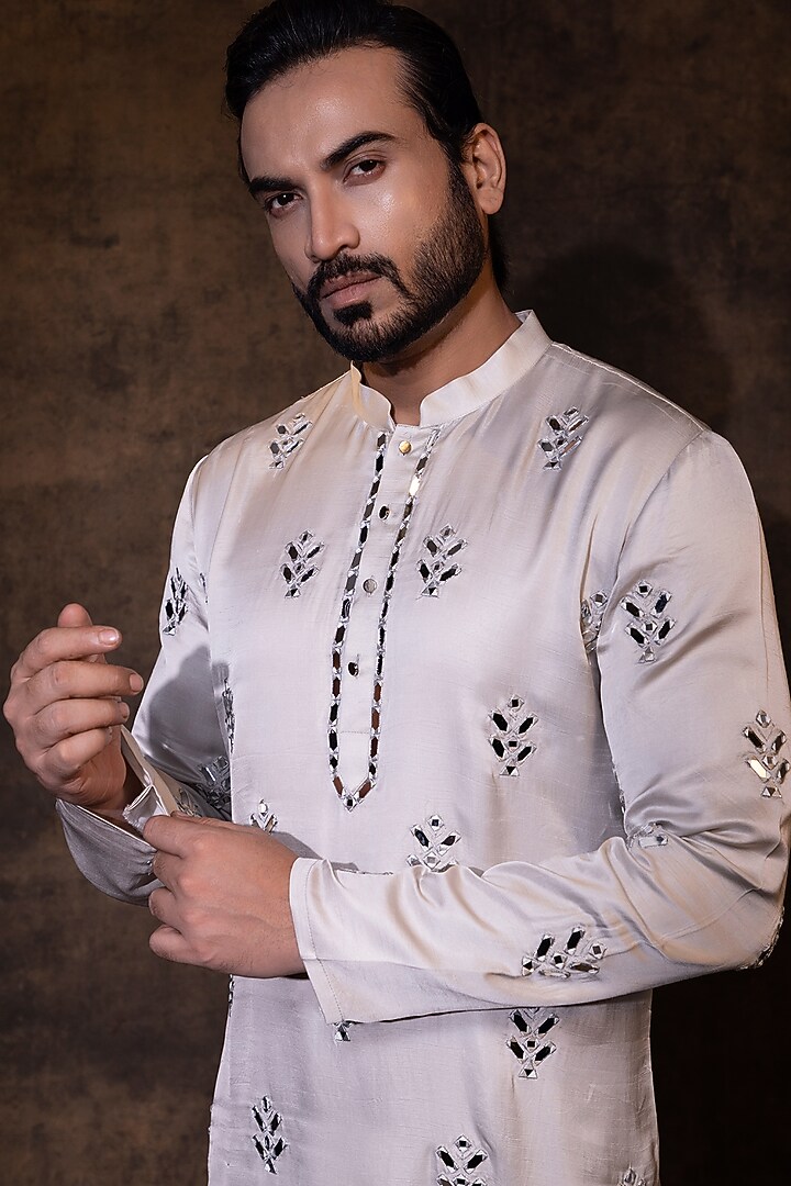 Grey Linen Satin Mirror Embroidered Kurta Set by YOSEBA at Pernia's Pop Up Shop