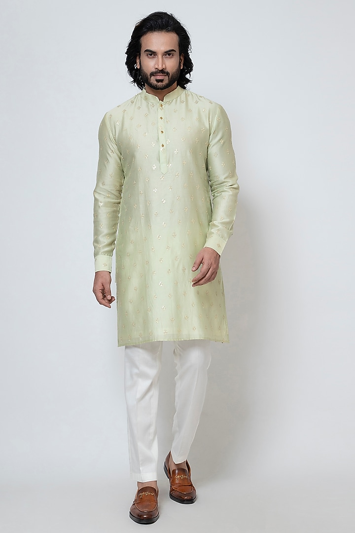 Mint Green Chanderi Silk Boota Embroidered Kurta Set by YOSEBA at Pernia's Pop Up Shop