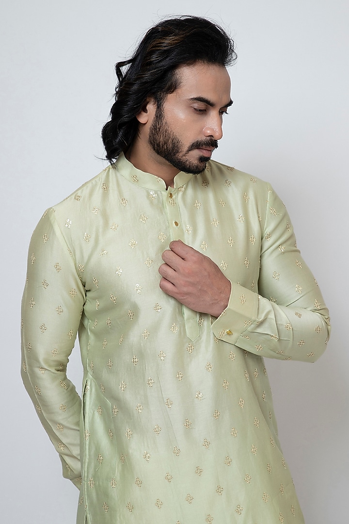 Mint Green Chanderi Silk Boota Embroidered Kurta Set by YOSEBA at Pernia's Pop Up Shop