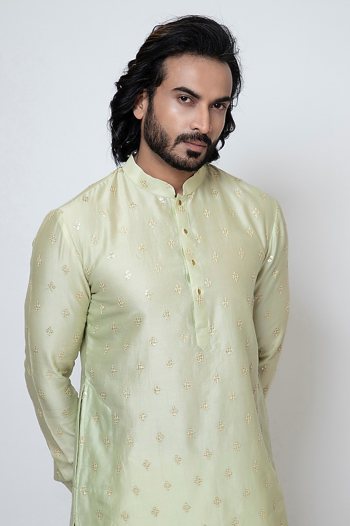 Mint Green Chanderi Silk Boota Embroidered Kurta Set by YOSEBA at Pernia's Pop Up Shop