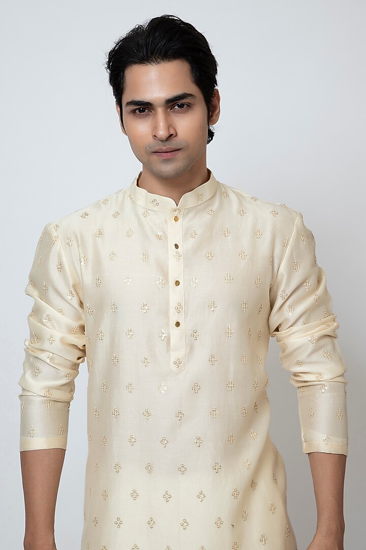 Beige Chanderi Silk Boota Embroidered Kurta Set by YOSEBA at Pernia's Pop Up Shop