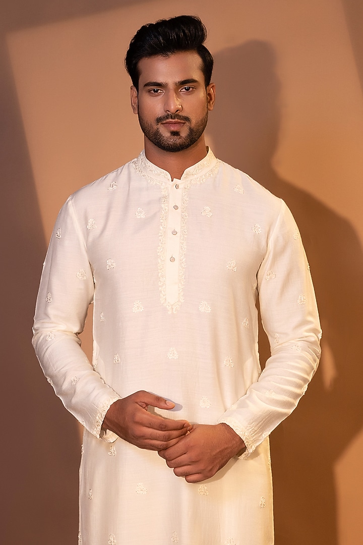 Ivory Bam Silk Boota Embroidered Kurta Set by YOSEBA at Pernia's Pop Up Shop