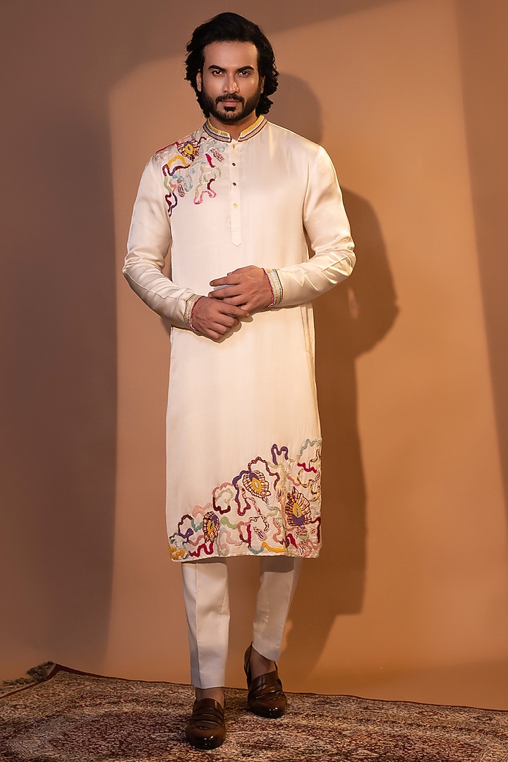 Ivory Linen Satin Thread Embroidered Kurta Set by YOSEBA at Pernia's Pop Up Shop