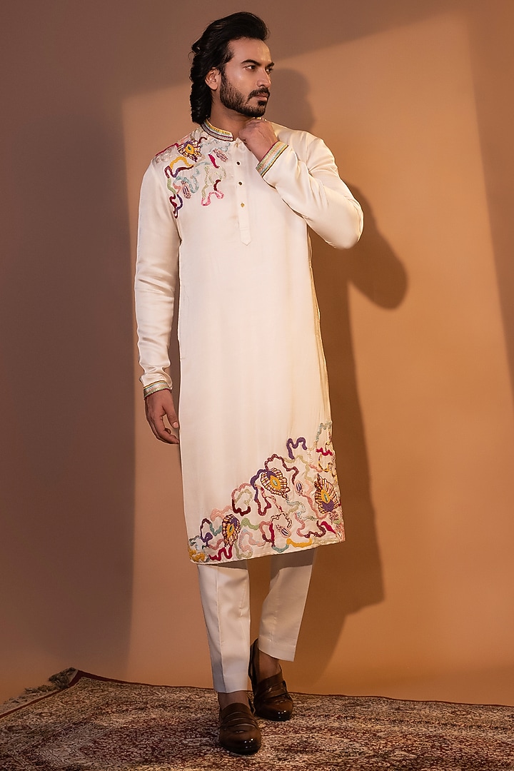 Ivory Linen Satin Thread Embroidered Kurta Set by YOSEBA at Pernia's Pop Up Shop