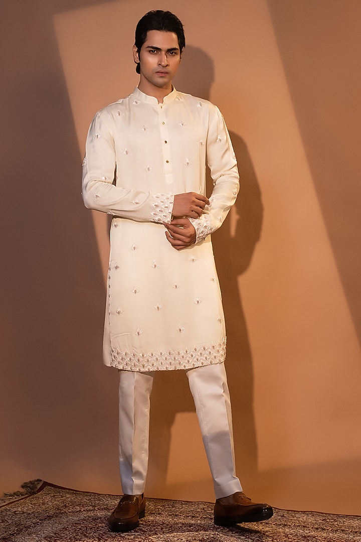 Ivory Linen Satin Embroidered Kurta Set by YOSEBA at Pernia's Pop Up Shop