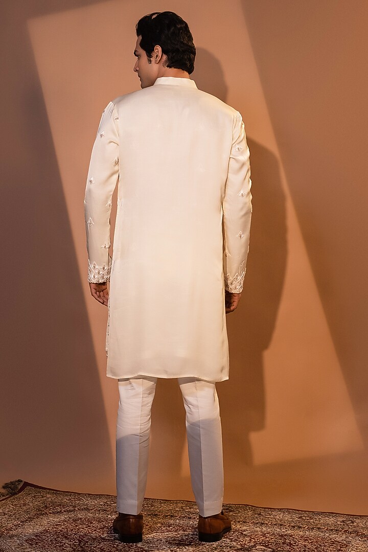 Ivory Linen Satin Embroidered Kurta Set by YOSEBA at Pernia's Pop Up Shop