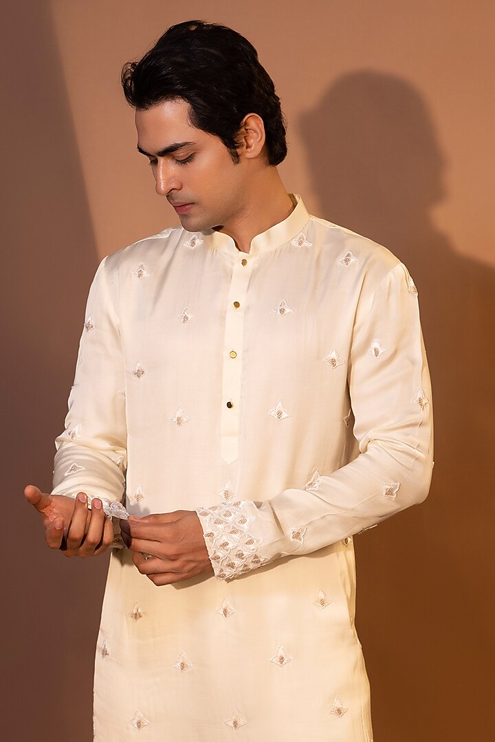 Ivory Linen Satin Embroidered Kurta Set by YOSEBA at Pernia's Pop Up Shop
