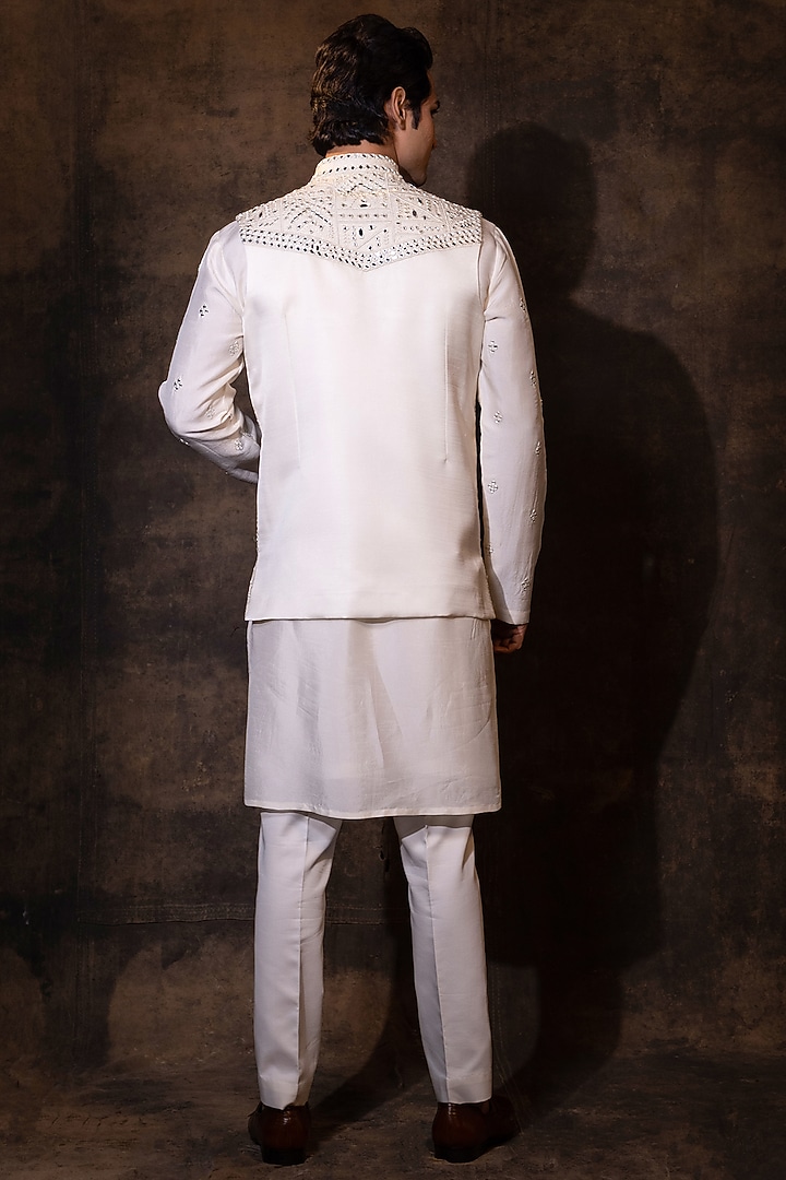 Ivory Bam Silk Mirror Embroidered Nehru Jacket Set by YOSEBA at Pernia's Pop Up Shop