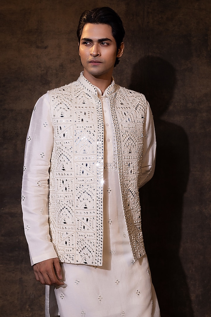 Ivory Bam Silk Mirror Embroidered Nehru Jacket Set by YOSEBA at Pernia's Pop Up Shop