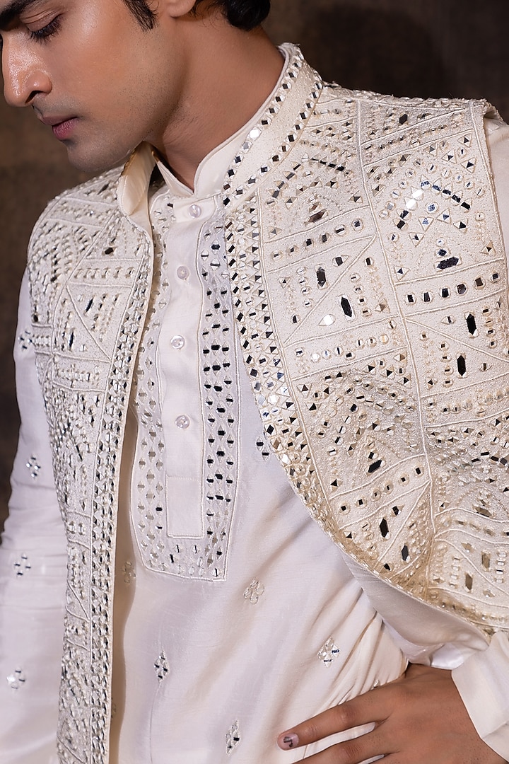 Ivory Bam Silk Mirror Embroidered Nehru Jacket Set by YOSEBA at Pernia's Pop Up Shop