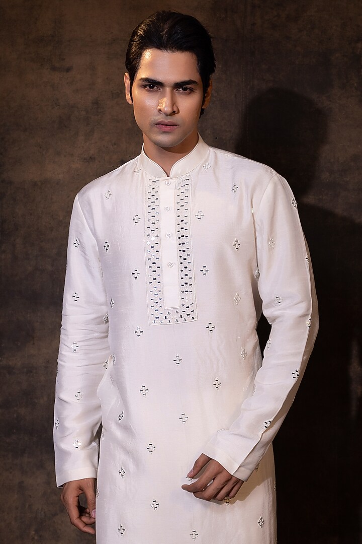 Ivory Bam Silk Mirror Embroidered Kurta Set by YOSEBA at Pernia's Pop Up Shop