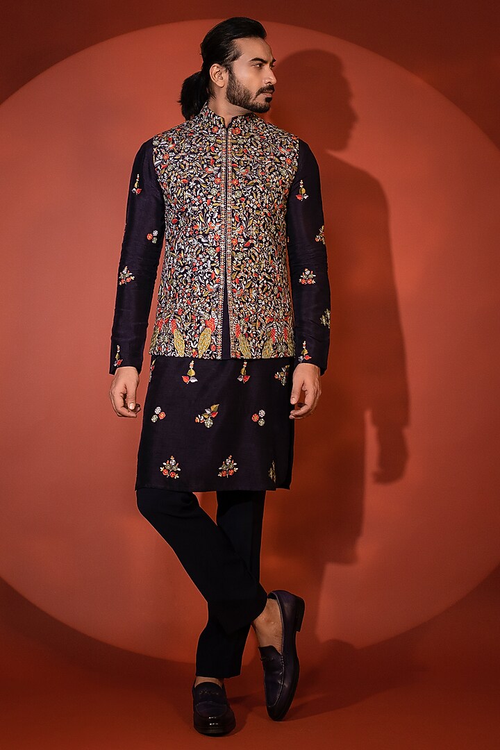 Midnight Blue Bam Silk Motif Embroidered Kurta Set by YOSEBA at Pernia's Pop Up Shop