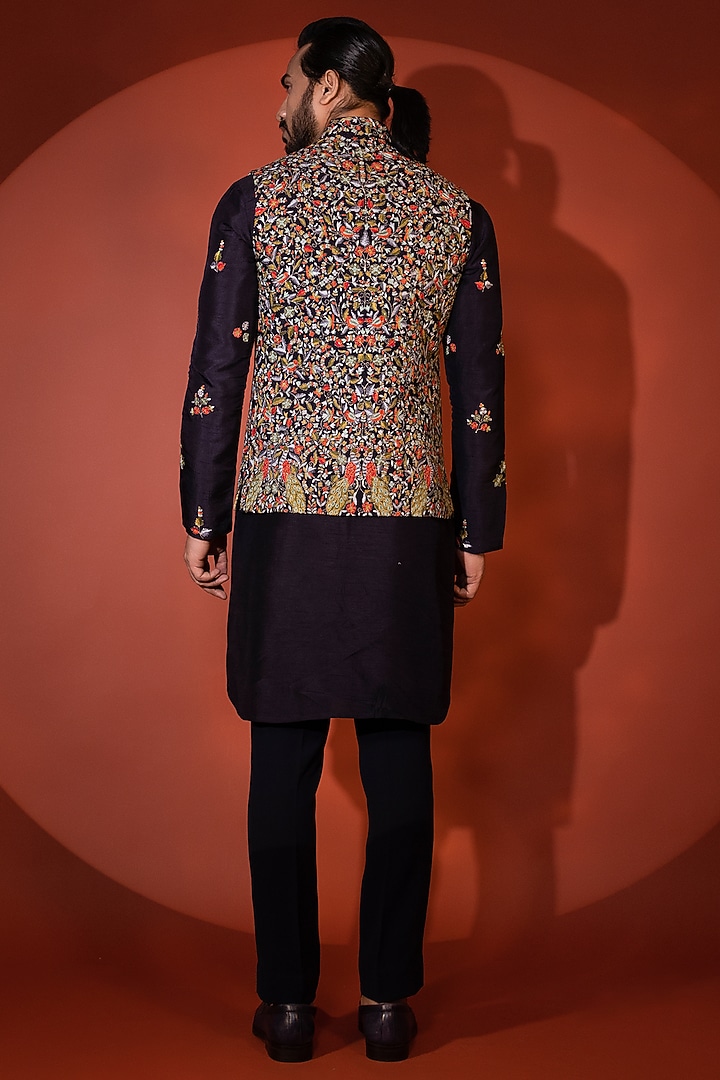 Midnight Blue Bam Silk Motif Embroidered Kurta Set by YOSEBA at Pernia's Pop Up Shop
