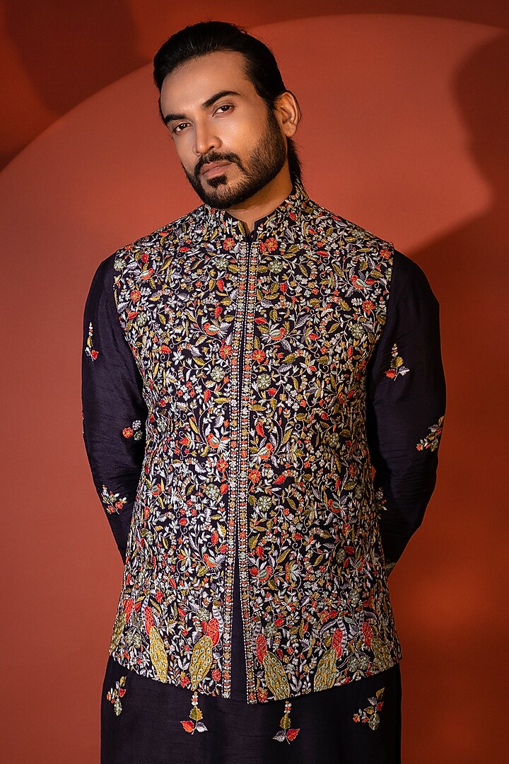 Midnight Blue Bam Silk Motif Embroidered Kurta Set by YOSEBA at Pernia's Pop Up Shop