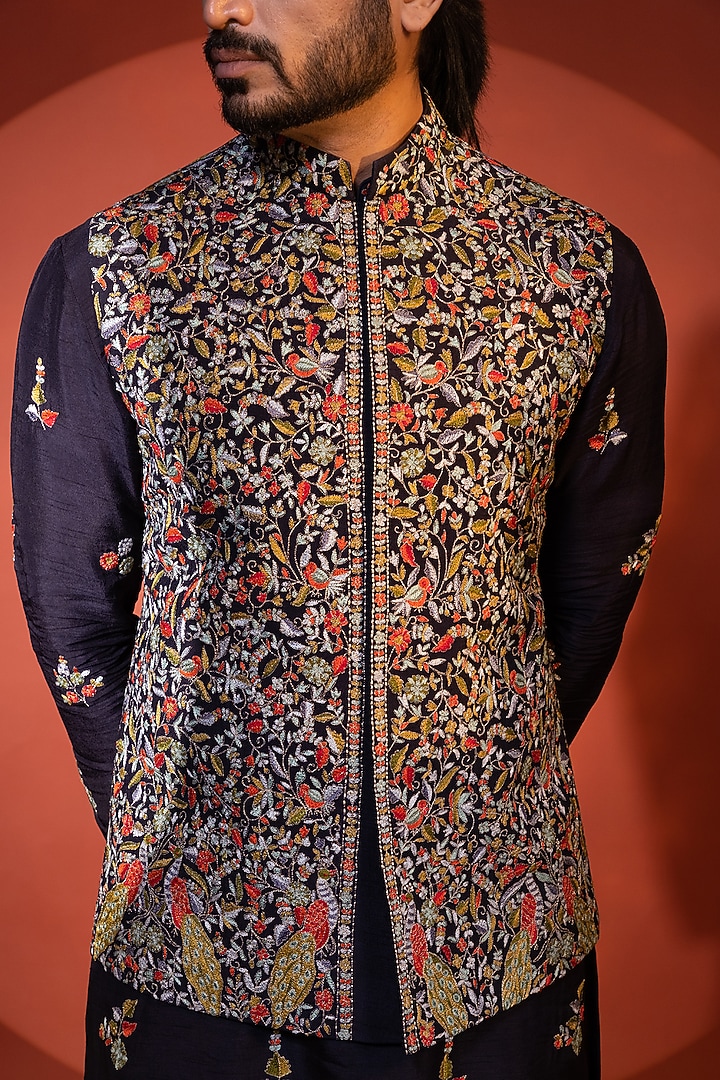 Midnight Blue Bam Silk Motif Embroidered Kurta Set by YOSEBA at Pernia's Pop Up Shop