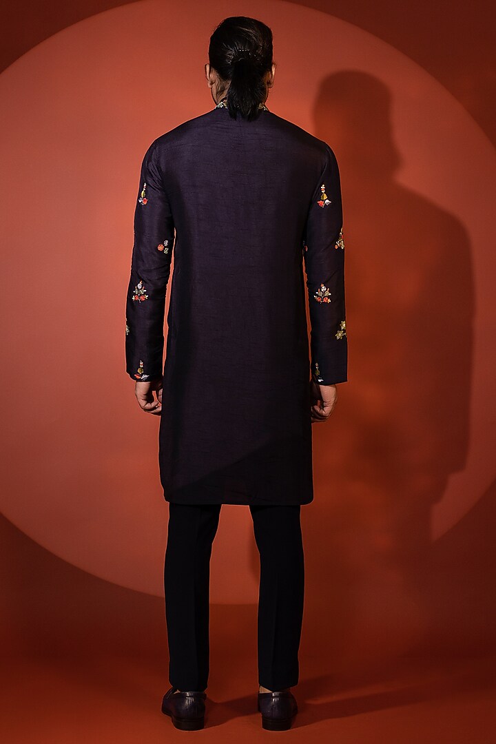 Midnight Blue Bam Silk motif Embroidered Kurta Set by YOSEBA at Pernia's Pop Up Shop