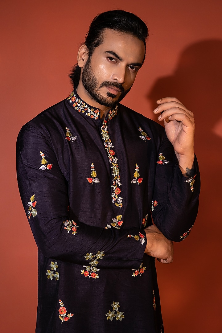 Midnight Blue Bam Silk motif Embroidered Kurta Set by YOSEBA at Pernia's Pop Up Shop
