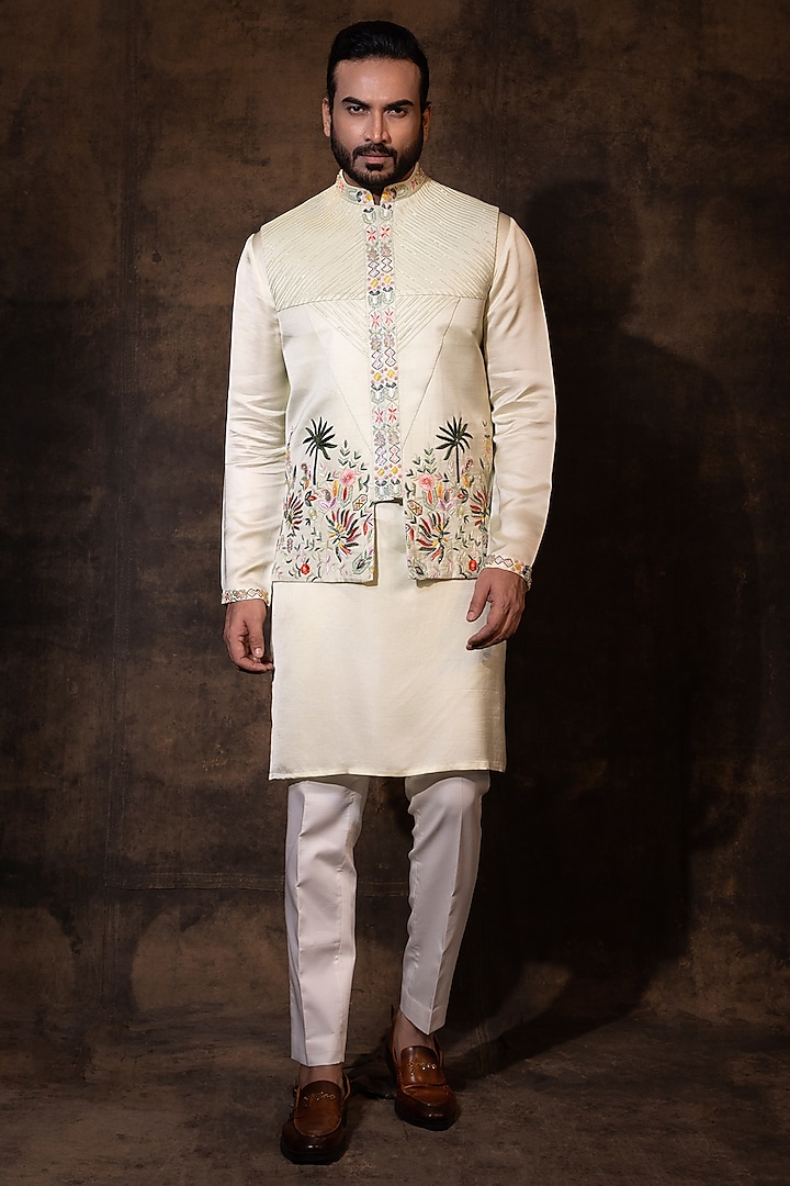 Mint Green Linen Satin Embroidered Nehru Jacket Set by YOSEBA