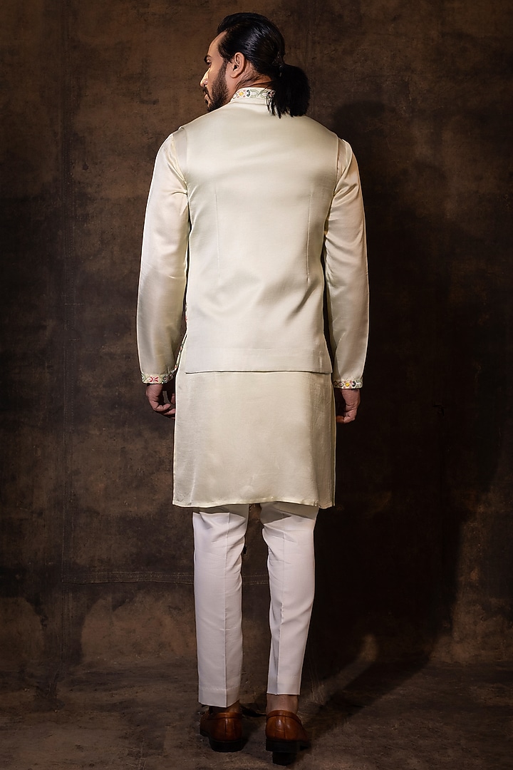 Mint Green Linen Satin Embroidered Nehru Jacket Set by YOSEBA at Pernia's Pop Up Shop
