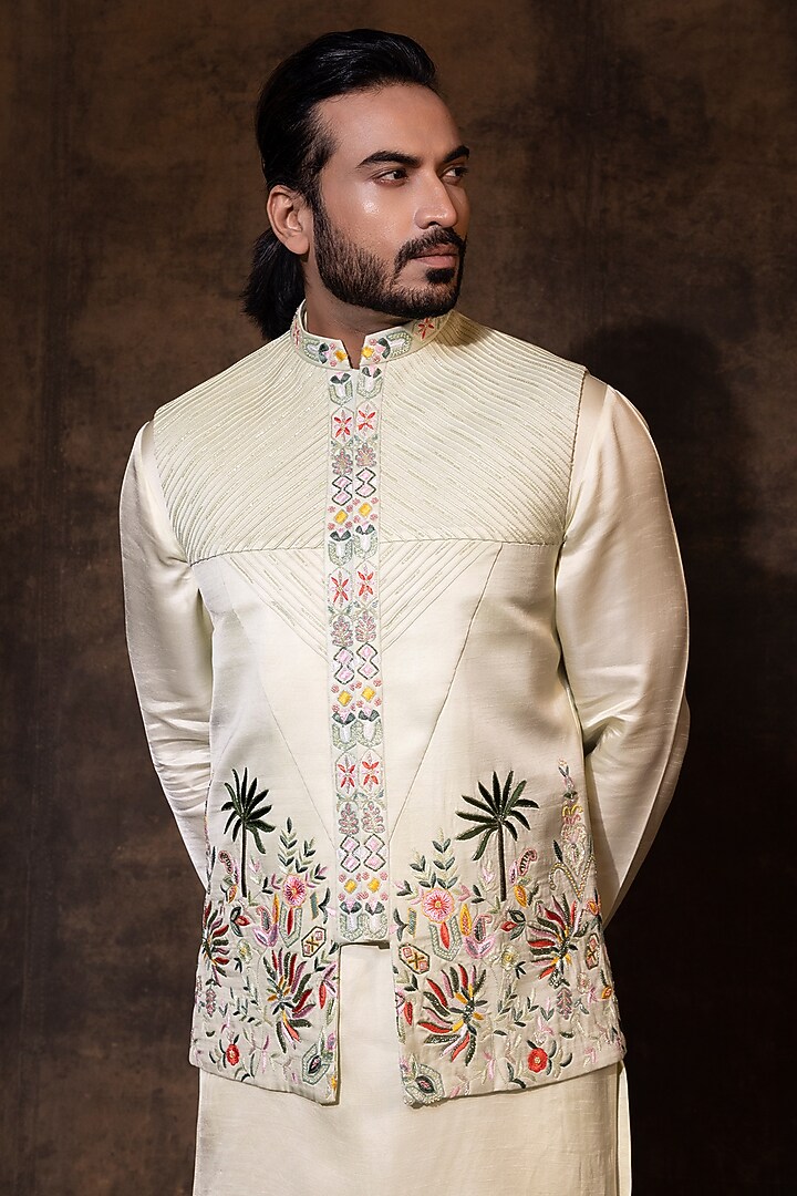 Mint Green Linen Satin Embroidered Nehru Jacket Set by YOSEBA at Pernia's Pop Up Shop