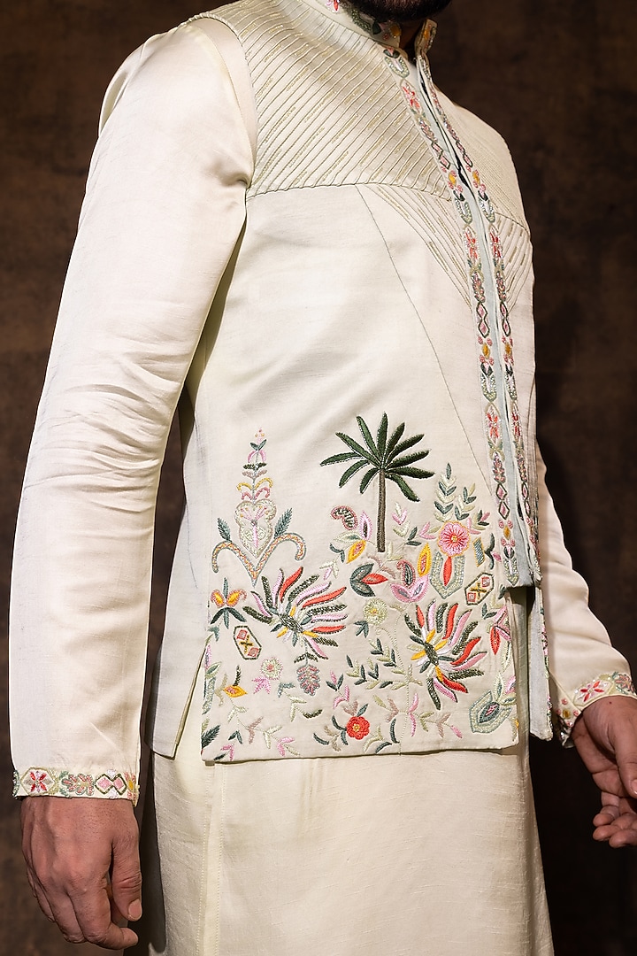 Mint Green Linen Satin Embroidered Nehru Jacket Set by YOSEBA at Pernia's Pop Up Shop