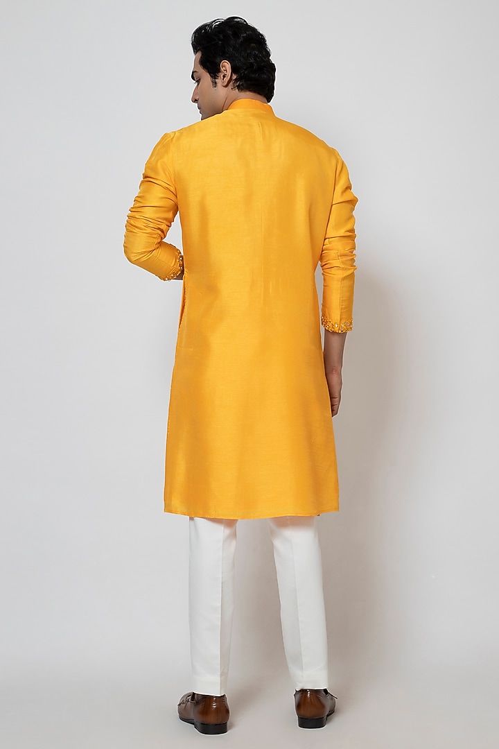 Mango Yellow Bam Silk Mirror Embroidered Kurta Set by YOSEBA at Pernia's Pop Up Shop