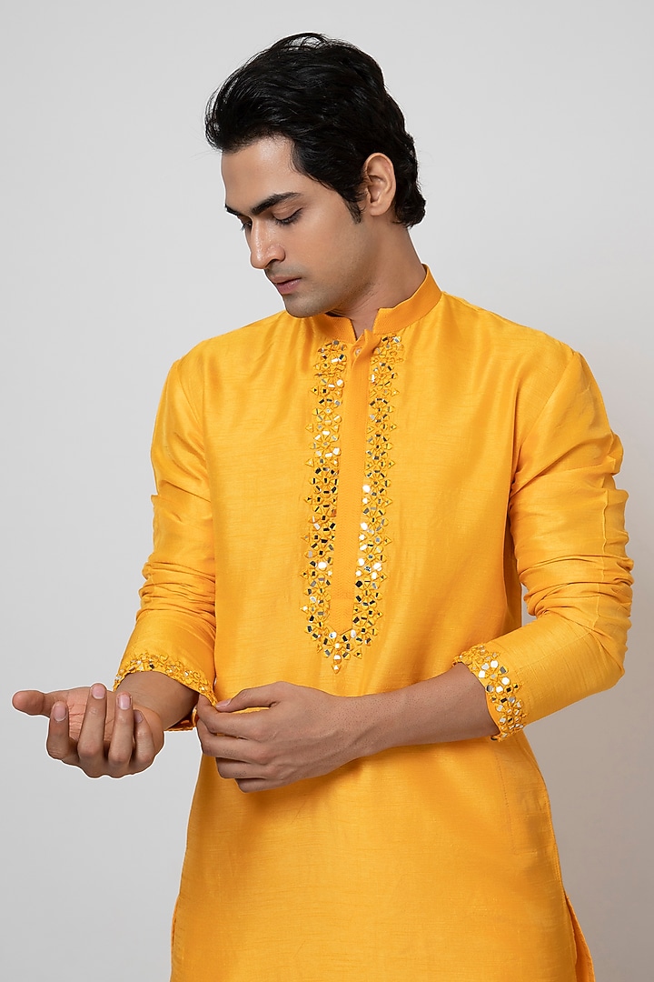 Mango Yellow Bam Silk Mirror Embroidered Kurta Set by YOSEBA at Pernia's Pop Up Shop