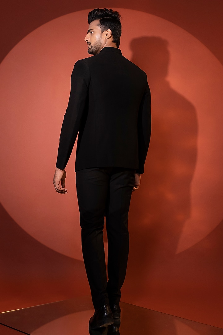 Black Stretchable Premium Suiting Fabric Cutdana Embroidered Wedding Bandhgala Set by YOSEBA at Pernia's Pop Up Shop