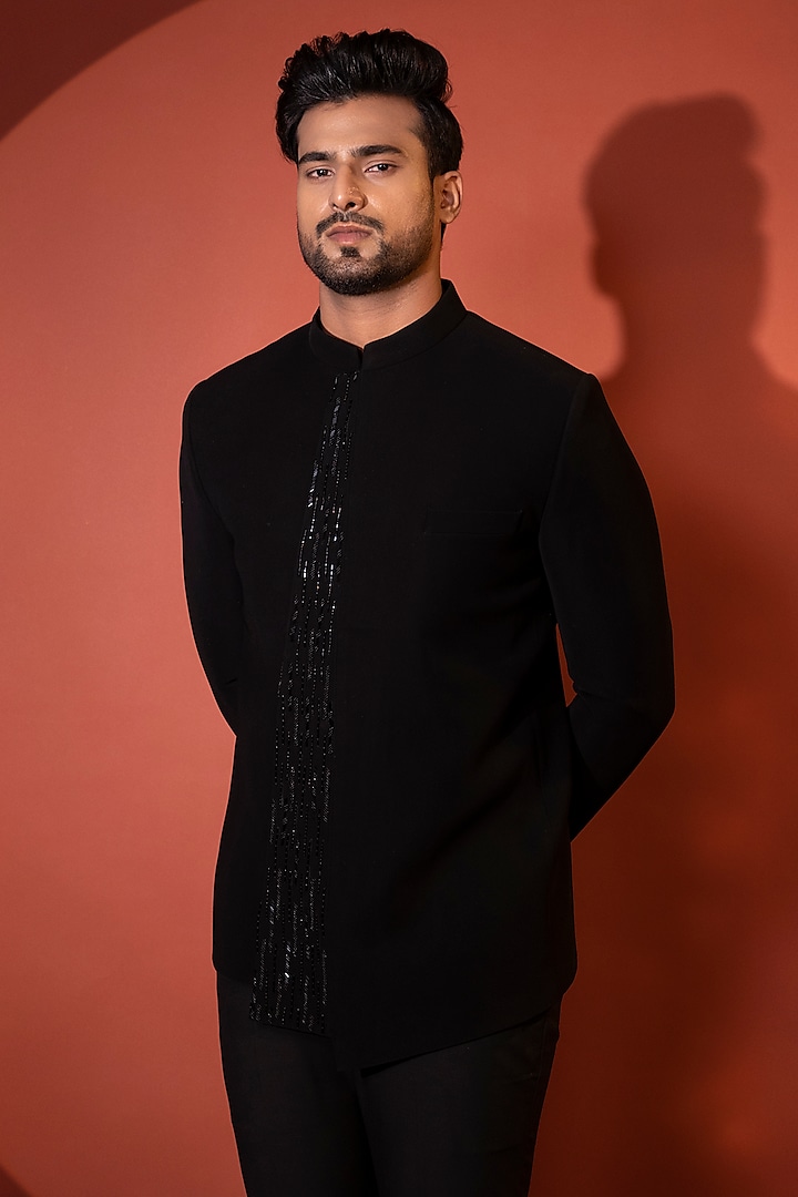 Black Stretchable Premium Suiting Fabric Cutdana Embroidered Wedding Bandhgala Set by YOSEBA at Pernia's Pop Up Shop