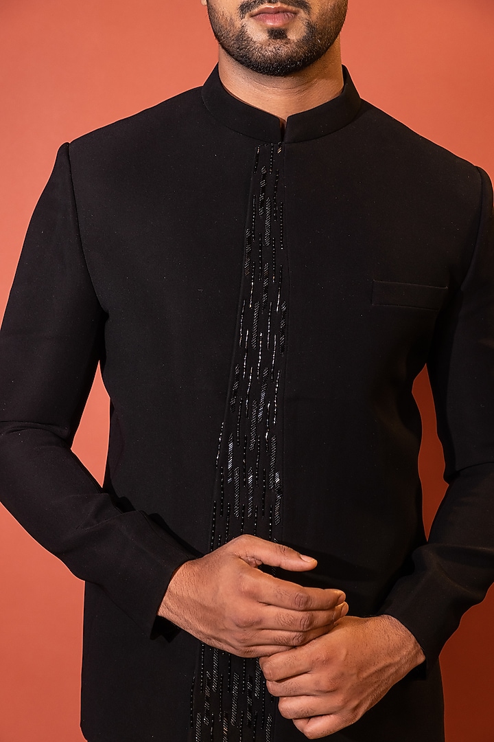 Black Stretchable Premium Suiting Fabric Cutdana Embroidered Wedding Bandhgala Set by YOSEBA at Pernia's Pop Up Shop