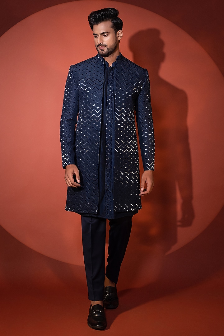 Navy Blue Bam Silk Cutdana Embroidered Achkan Jacket Set by YOSEBA at Pernia's Pop Up Shop