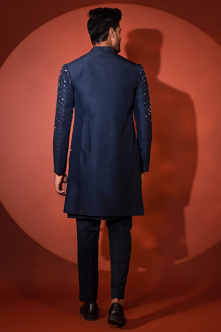 Navy Blue Bam Silk Cutdana Embroidered Achkan Jacket Set by YOSEBA at Pernia's Pop Up Shop