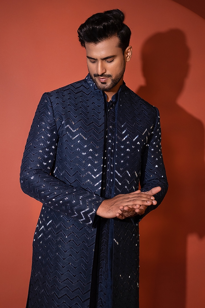 Navy Blue Bam Silk Cutdana Embroidered Achkan Jacket Set by YOSEBA at Pernia's Pop Up Shop