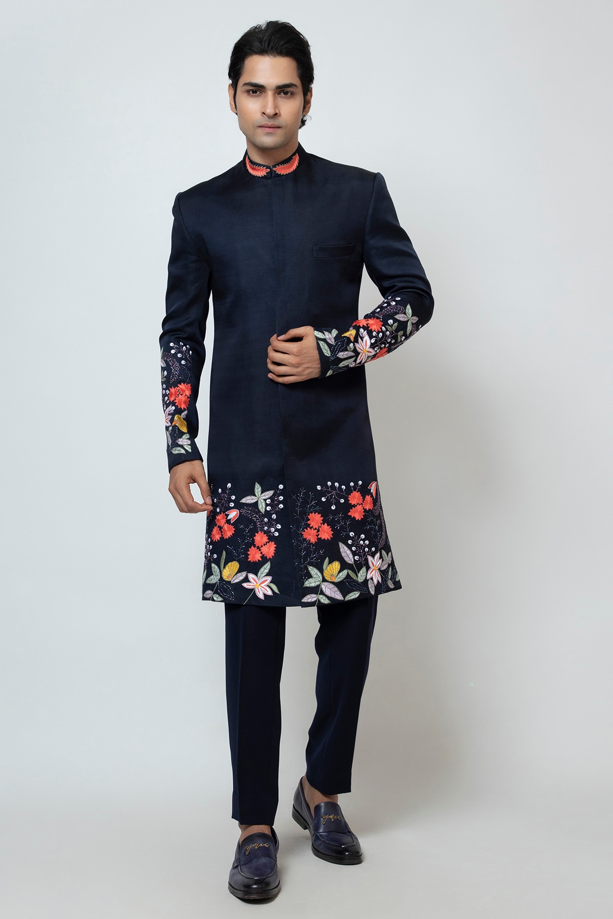 YOSEBA Midnight Blue Linen Satin Floral Motif Embroidered Achkan Jacket Set