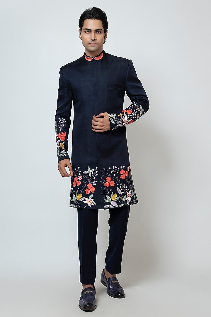 Midnight Blue Linen Satin Floral Motif Embroidered Achkan Jacket Set by YOSEBA