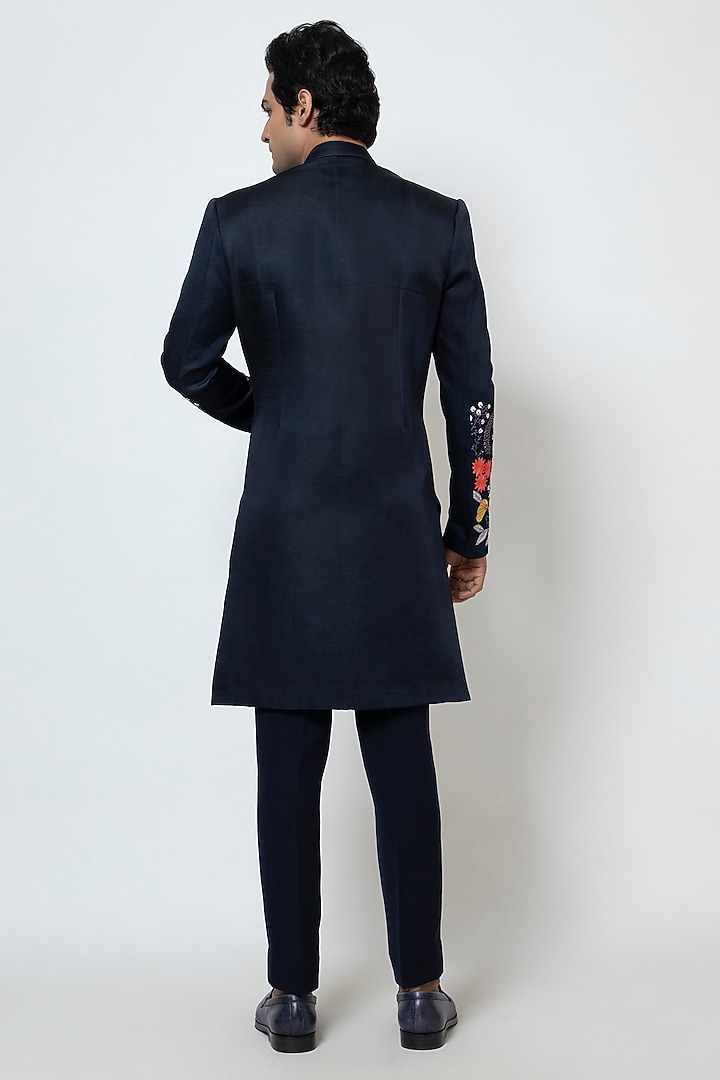 Midnight Blue Linen Satin Floral Motif Embroidered Achkan Jacket Set by YOSEBA at Pernia's Pop Up Shop