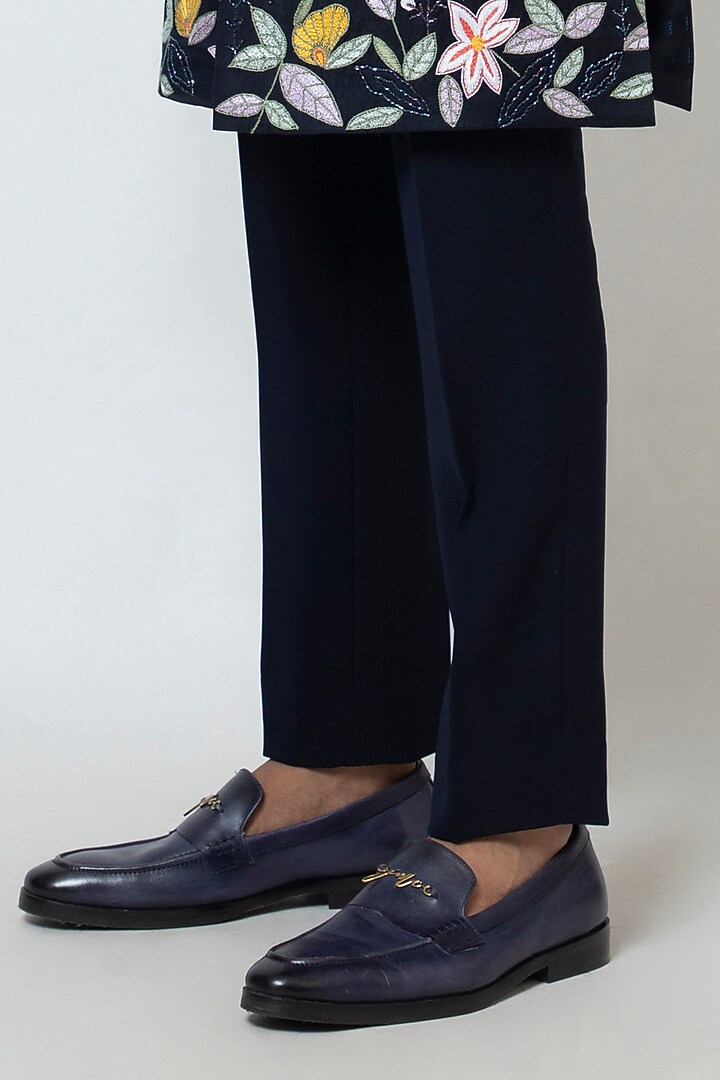 Midnight Blue Linen Satin Floral Motif Embroidered Achkan Jacket Set by YOSEBA at Pernia's Pop Up Shop