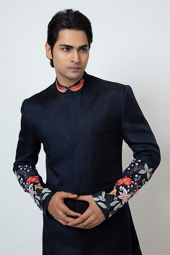 Midnight Blue Linen Satin Floral Motif Embroidered Achkan Jacket Set by YOSEBA at Pernia's Pop Up Shop